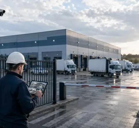 Technikus tablettel ellenőrzi a telephely kamerarendszerét a sorompós beléptetőkapunál